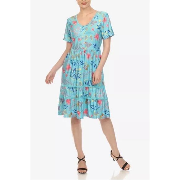 White Mark Floral Short Sleeve Knee Length Dress Women's Size Small Blue MSRP$58 - Picture 1 of 4